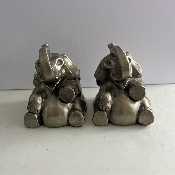 Unbranded Other - Vintage Silver Elephant Figurines Set of 2 Trunks Up Good Luck Statues-Bookends